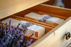 A drawer with fresh cedar blocks and lavender sachets, illustrating tricks to get rid of mothball smell.