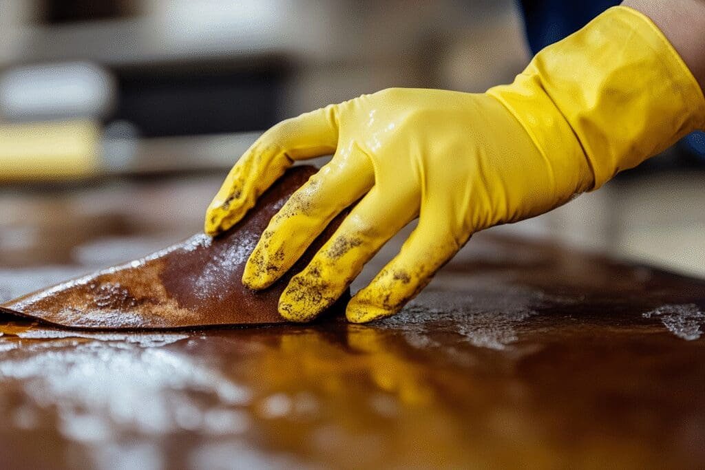 A gloved hand wiping mold off a leather item, showing an expert method for removal