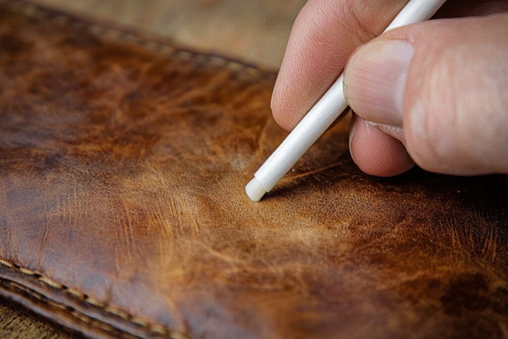 A hand carefully uses a Q-tip to remove a permanent marker stain from a leather surface, showing a leather rescue.