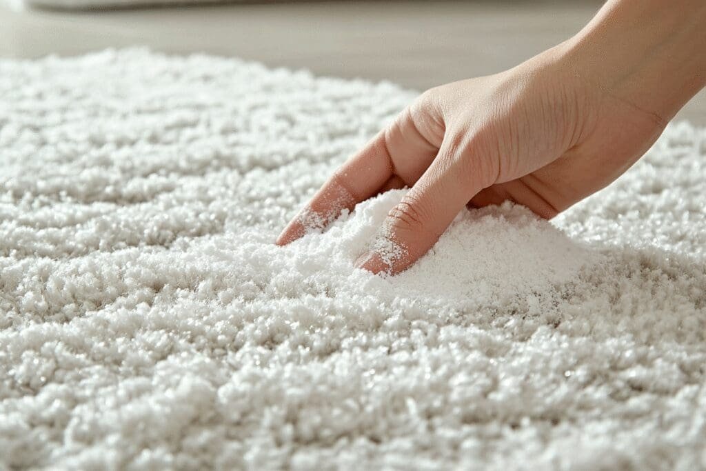 A hand cleaning a carpet with powder, showing a clear visual transition from a smelly part to a fresh, clean part