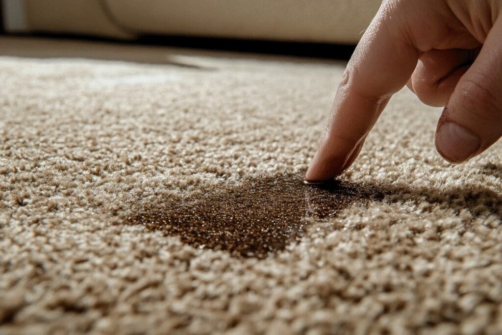 A hand cleaning a dark motor oil stain from a carpet, showing the stain vanishing as it is treated.