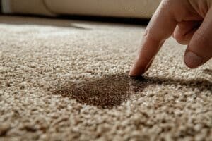 A hand cleaning a dark motor oil stain from a carpet, showing the stain vanishing as it is treated.