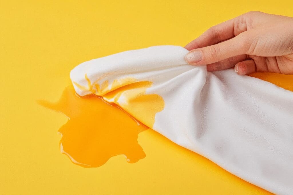 A hand dabbing a cloth to remove an orange self-tanner stain from a white shirt, showing an easy fix