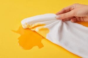 A hand dabbing a cloth to remove an orange self-tanner stain from a white shirt, showing an easy fix