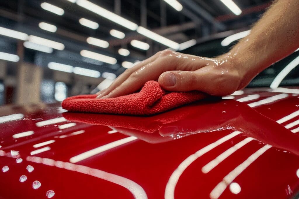 A hand polishing a car with a microfiber cloth, removing water spots to create a perfect shine