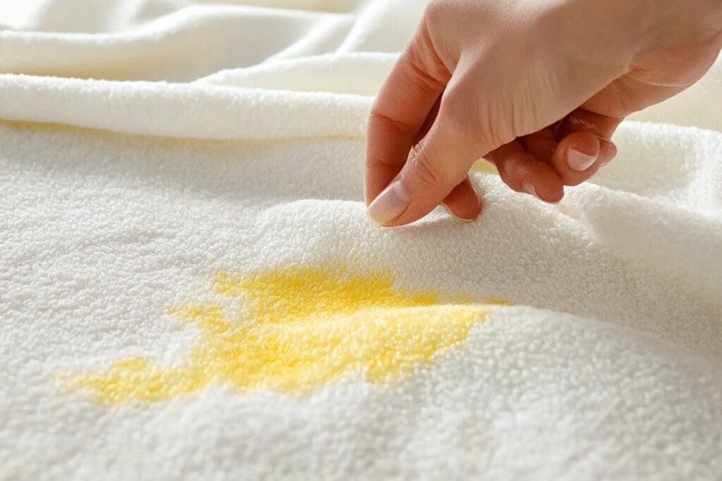 A hand treating a yellow stain on a white sheet, showing how to effectively remove dog pee stains