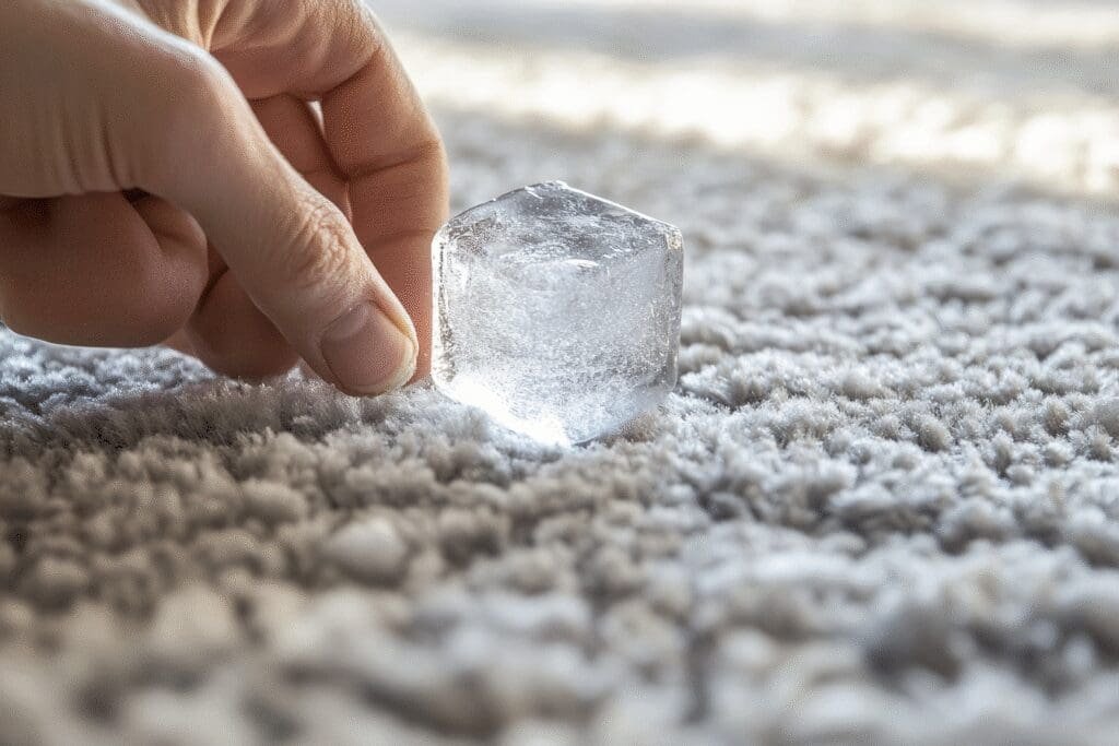 A hand using an ice cube to freeze chewing gum on a carpet for easy, damage-free removal.