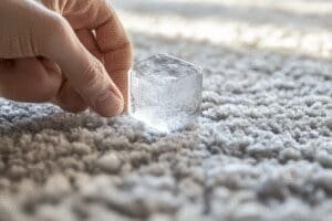 A hand using an ice cube to freeze chewing gum on a carpet for easy, damage-free removal.