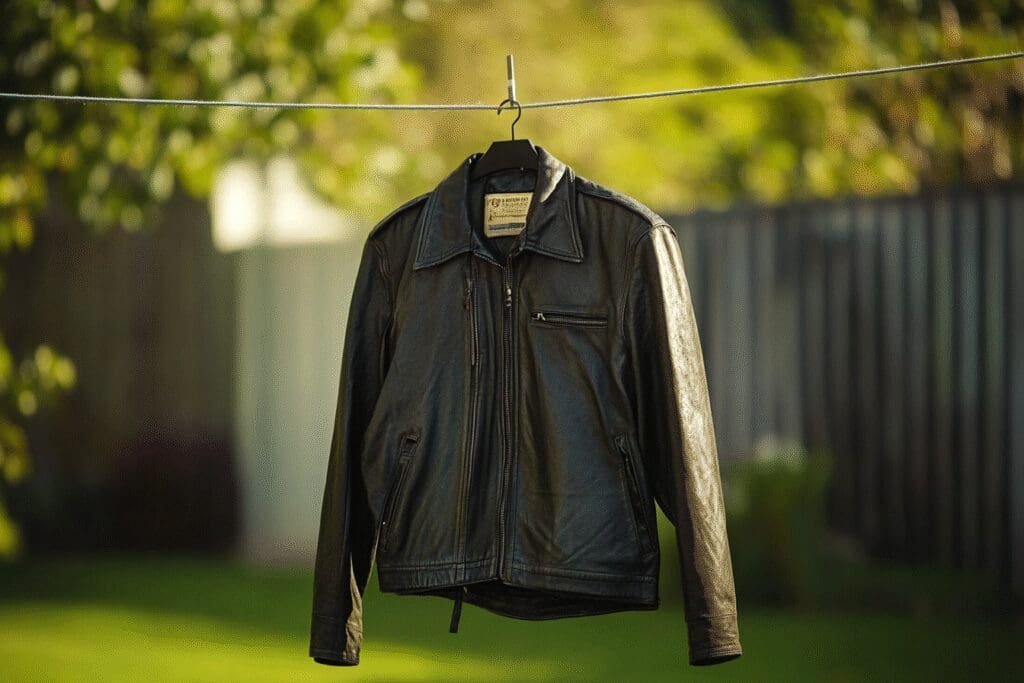 A leather jacket hanging on a clothesline in the fresh air, illustrating how to get odors out of leather