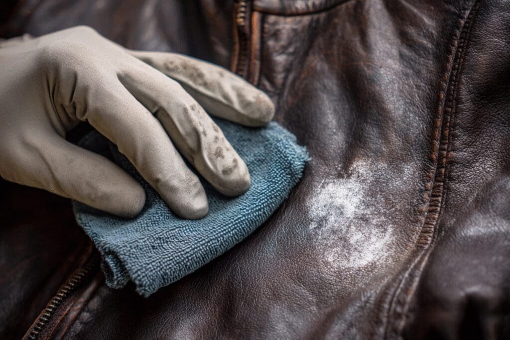 A person demonstrates how to get mold off leather by carefully cleaning a jacket, restoring its original look
