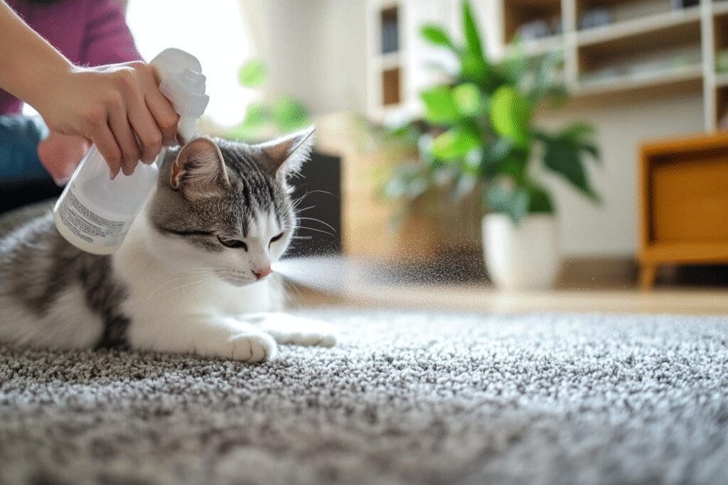 A person using a powerful enzymatic spray cleaner on a carpet to permanently eliminate a cat odor.