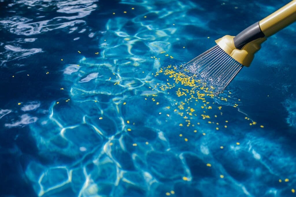 A pool skimmer clearing yellow pollen from the surface of a clean blue pool, showing a fast fix.
