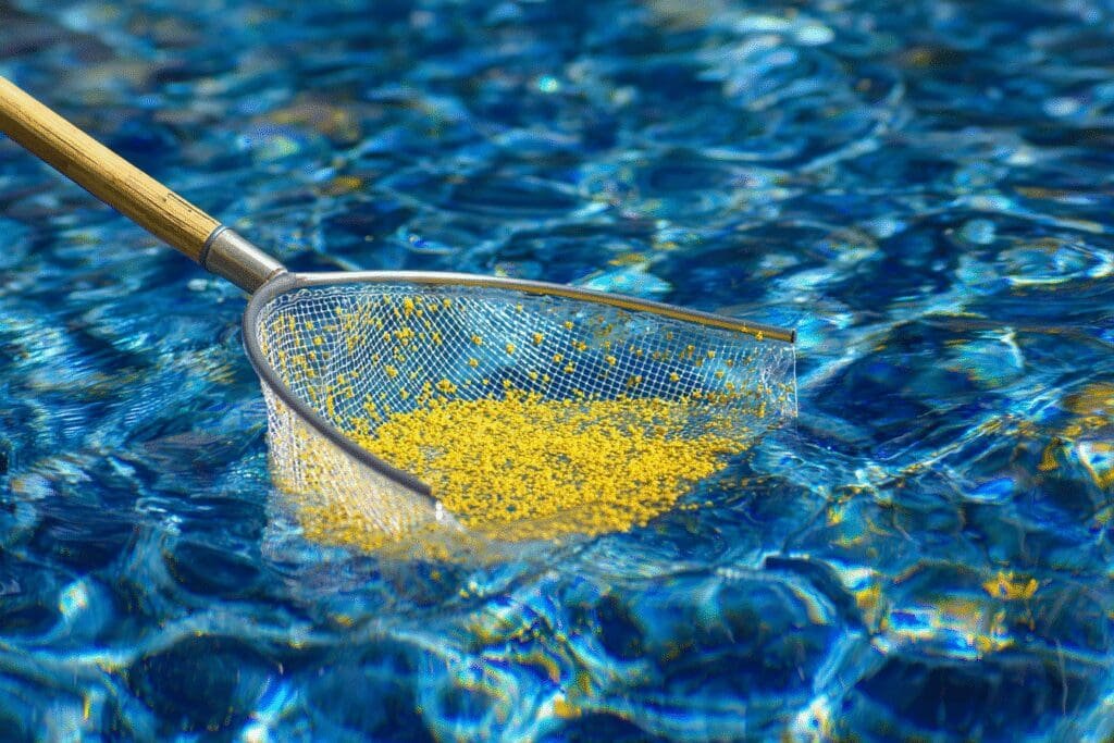 A pool skimmer in action answers the FAQ on how to get pollen out of a pool, cleaning the water's surface