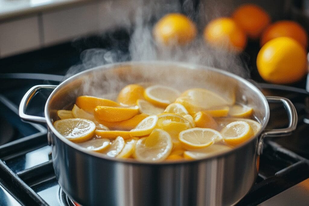 A pot simmering with citrus peels on a stove, illustrating how to get rid of onion smell in an apartment.