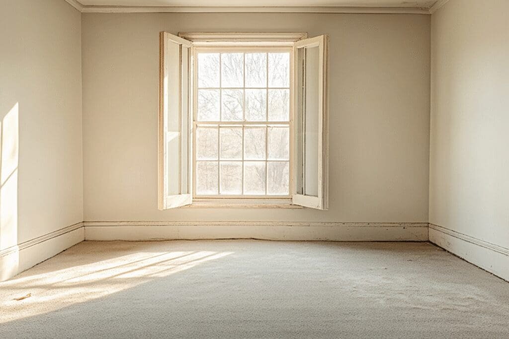 A room with new carpet is being aired out through an open window to get rid of the new carpet smell