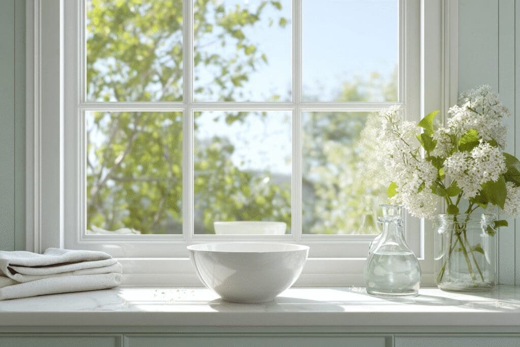 A simple solution for the FAQ on how to get onion smell out of an apartment, using a bowl of vinegar to absorb odors in a clean kitchen