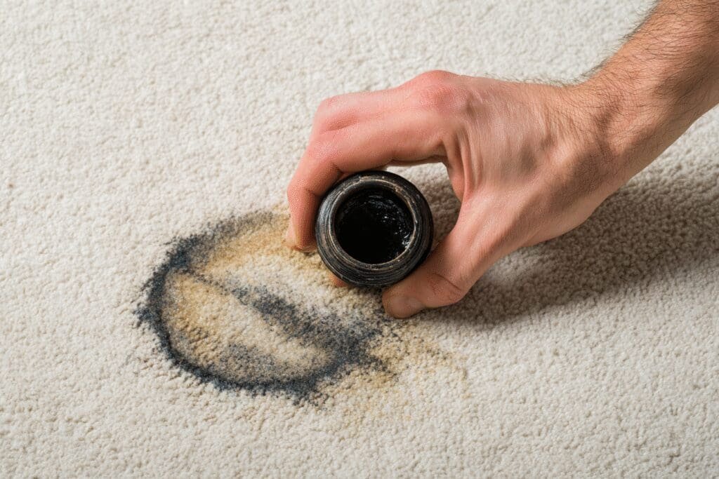 A step-by-step cleaning process for the FAQ on how to get motor oil out of carpet, showing a cleaning paste being applied to the dark stain