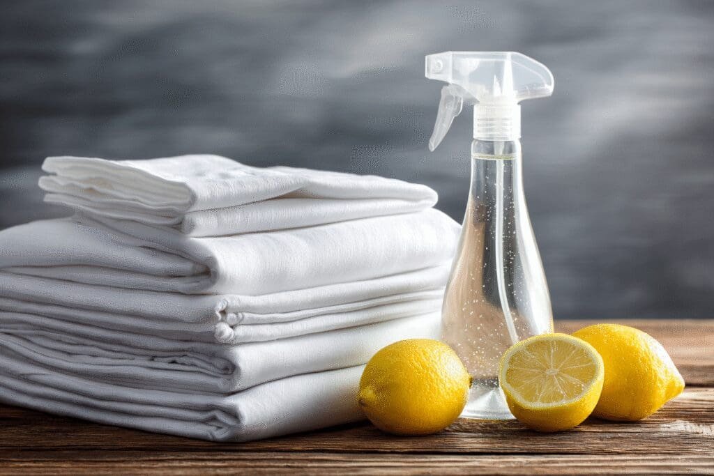 A visual solution for the FAQ on how to get dog pee out of white sheets, showing clean linens and natural cleaning supplies