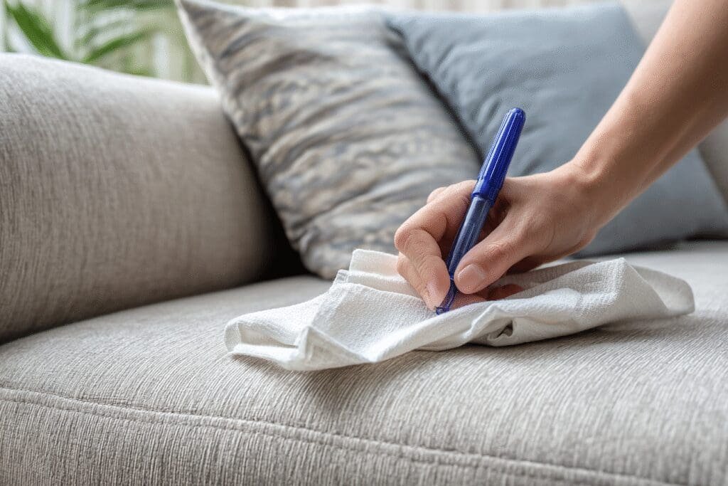Home cleaning tip for the FAQ on how to get pen out of a sofa, showing the blotting method on a fabric cushion