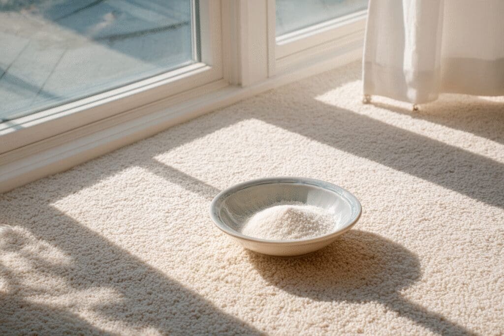 Method for the FAQ on how to get rid of new carpet smell, showing an aired-out room with baking soda to absorb odors