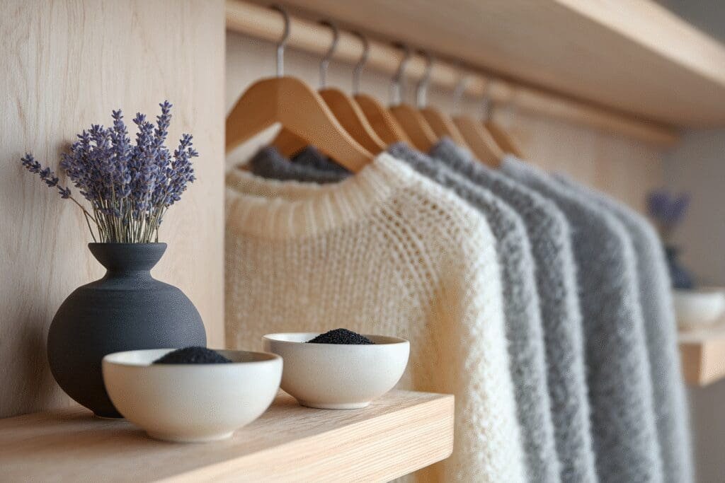 Natural methods for the FAQ on how to get rid of mothball smell, showing an airy closet with charcoal and lavender