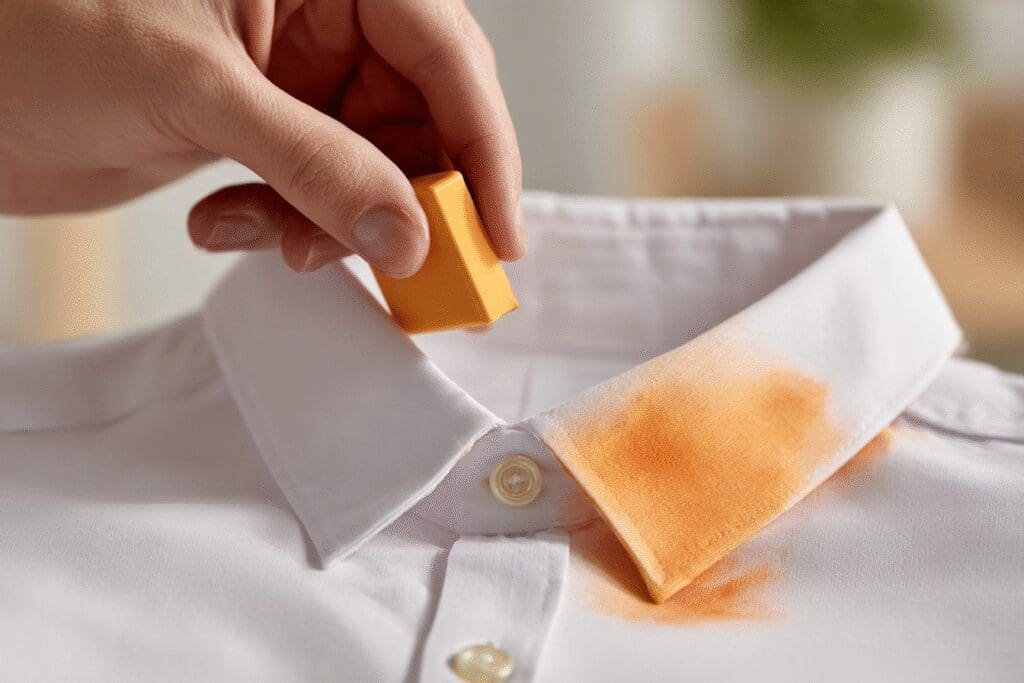 Pre-laundry tip for the FAQ on how to get self tanner out of clothes, showing a stain being treated on a white shirt