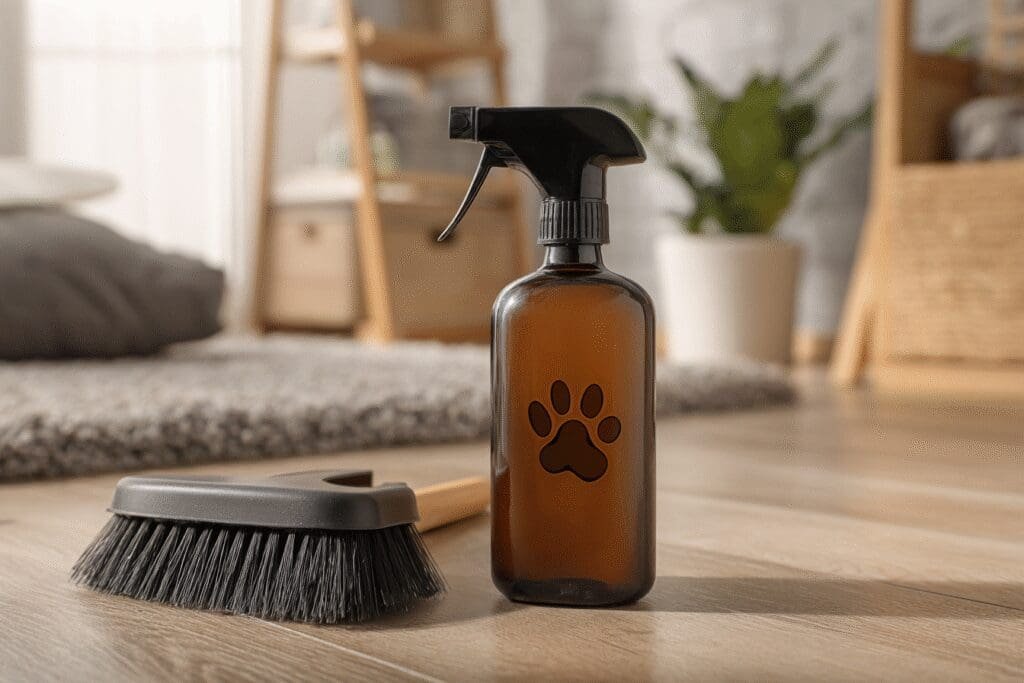 Products and tools for the FAQ on how to get rid of cat poop smell, featuring an enzyme cleaner for odor elimination