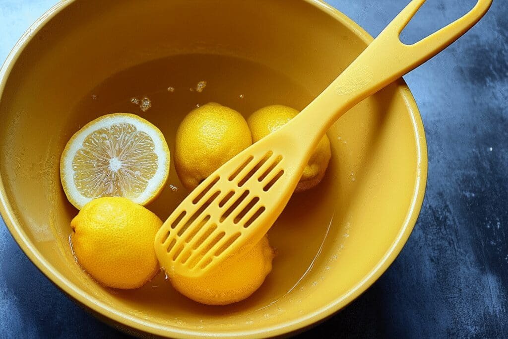 Silicone kitchen utensils soaking in a bowl with lemons, illustrating an easy way to remove smells