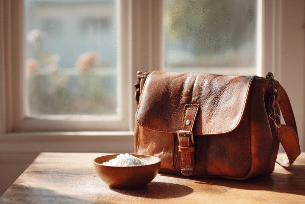 Simple technique for the FAQ on how to get odor out of leather, using baking soda to naturally deodorize a bag