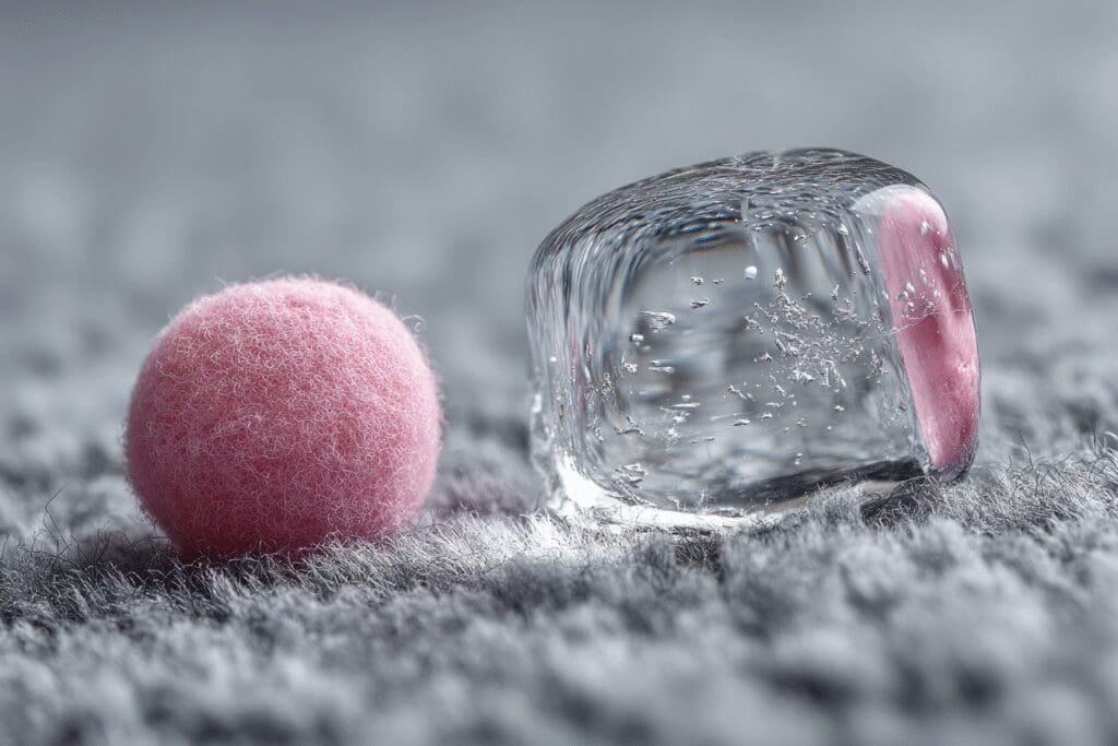Using an ice cube to solve the FAQ of how to get gum off carpet by freezing it for easy removal