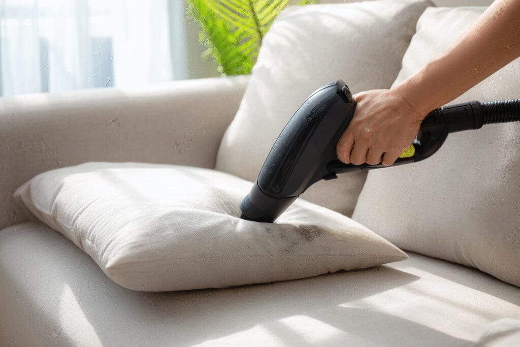 Deep cleaning secrets on how to get pee smell out of a couch, showing an upholstery cleaner refreshing a sofa cushion