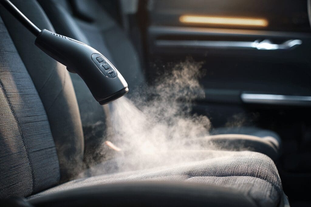 Effective methods for how to get smoke smell out of a car, showing steam cleaning being applied to the vehicle's interior seats
