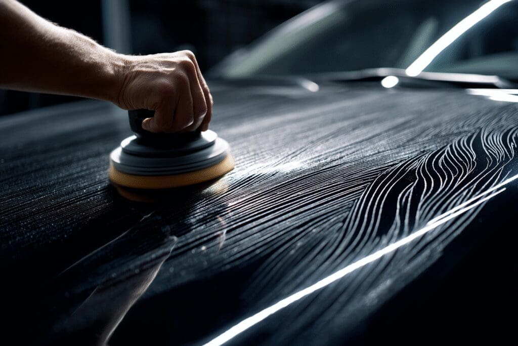 A before-and-after visual for the FAQ on how to get rid of swirl marks on car paint, showing the results of polishing