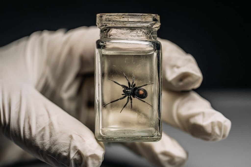A black widow spider safely contained in a jar, illustrating identification for the FAQ on how to get rid of black widow spiders