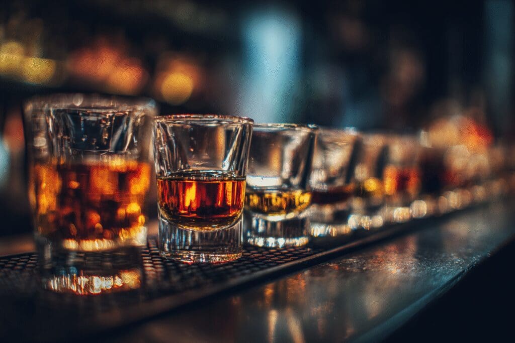 A cautionary visual for the FAQ How many shots does it take to get drunk, showing a line of shot glasses