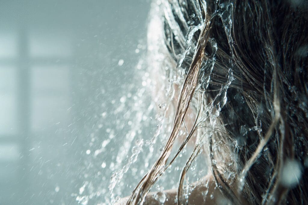 A clarifying visual for the FAQ on how to get rid of product buildup in hair, showing hair being thoroughly rinsed