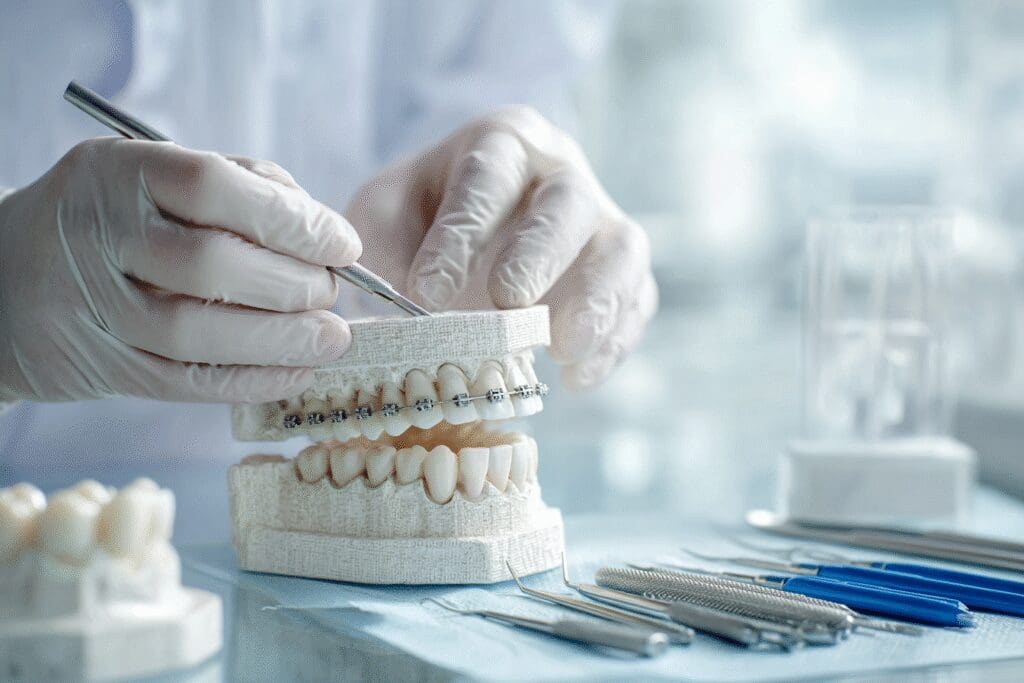 A clinical visual for the FAQ How long does it take to get braces on, showing a bracket being applied to a dental model