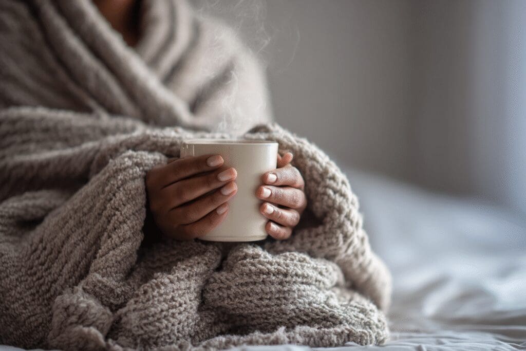 A comforting image for the FAQ on how to get rid of cotton fever, showing a person wrapped in a warm blanket