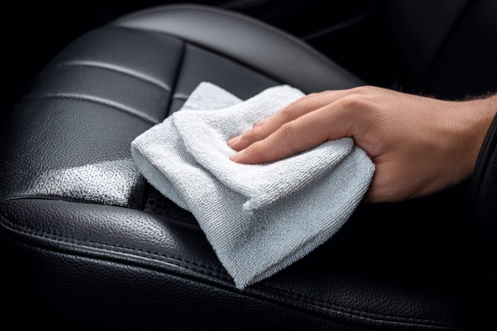 A fast fix for the FAQ on how to get sunscreen out of leather seats, showing a hand wiping the stain away.