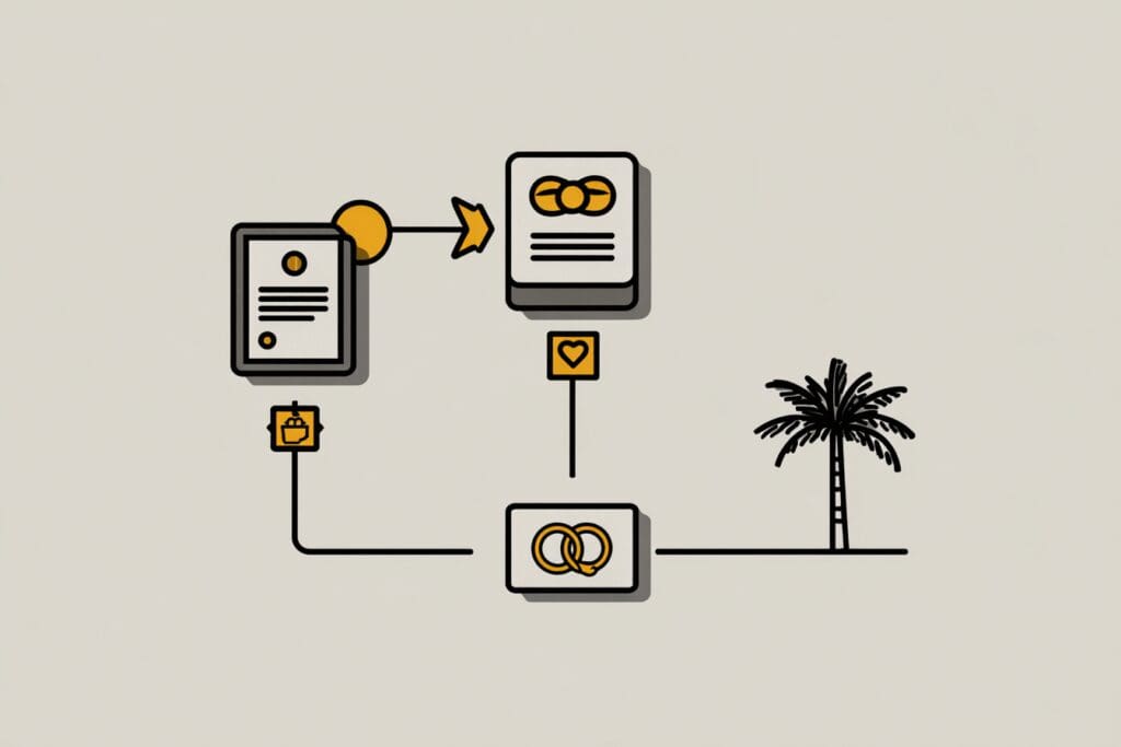 A flowchart for getting ordained with a palm tree icon, answering the FAQ on how to get ordained in Florida