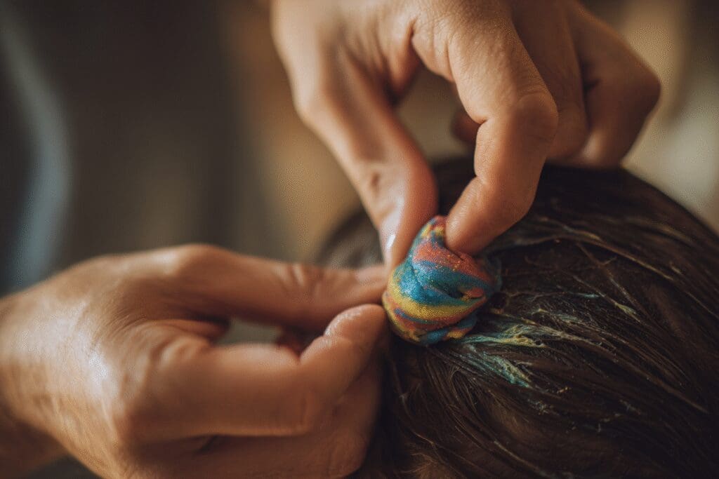A helpful method for the FAQ on how to get silly putty out of hair, showing oil being used to break it down