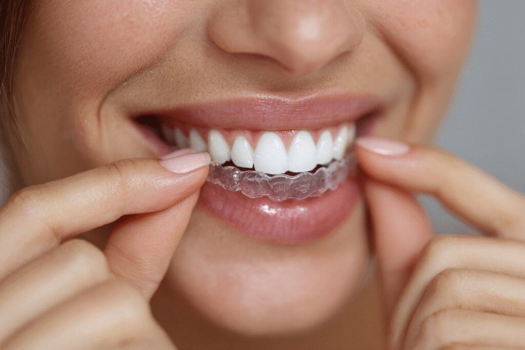 A method for the FAQ on how to get straight teeth naturally, showing the use of a clear dental aligner