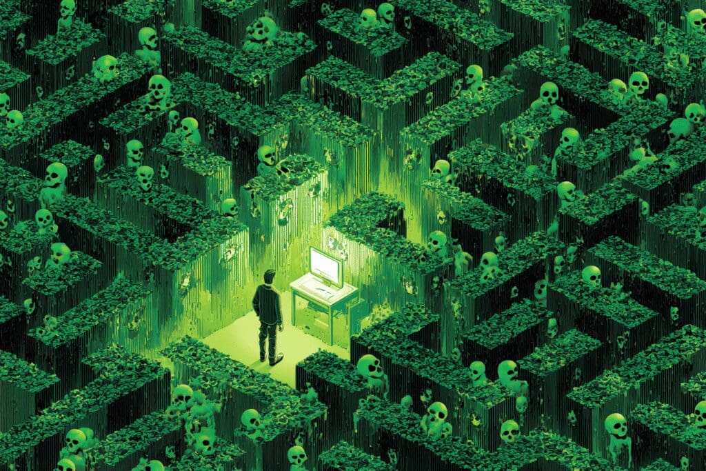 A person following a safe green path through a maze, a visual for the FAQ on how to get a legitimate test for working from home