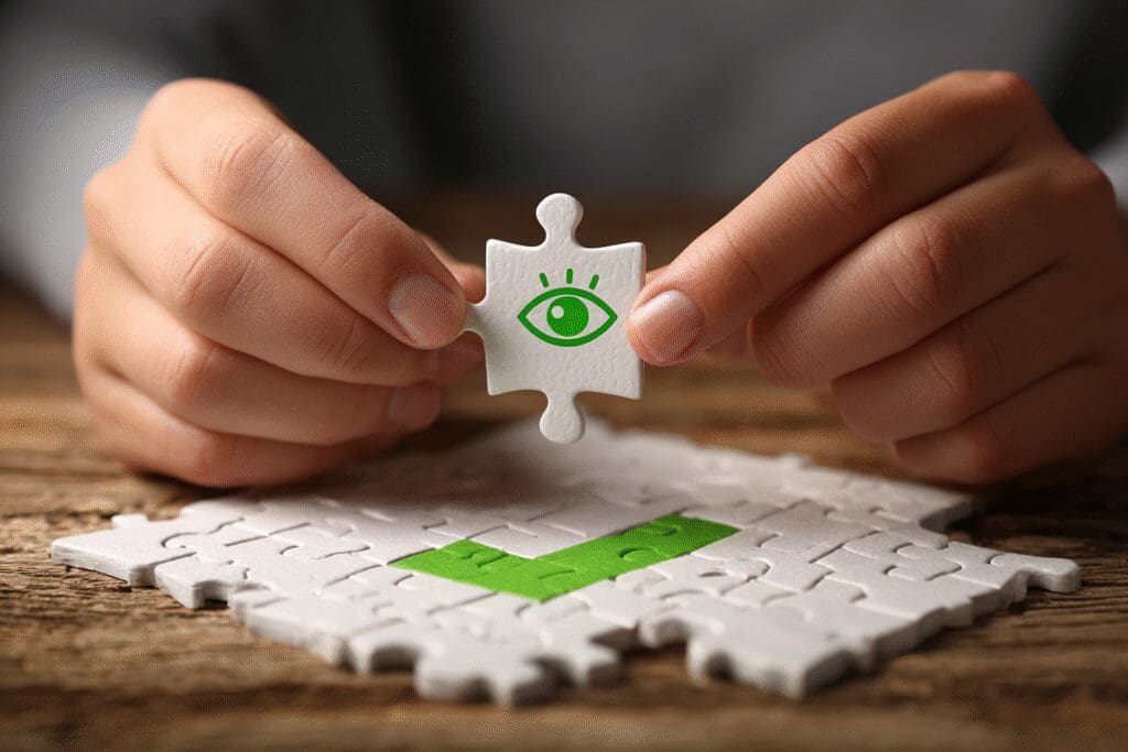 A puzzle piece with an eye icon completing a checkmark puzzle, a guide for the FAQ on how to get insurance to pay for eyelid surgery.