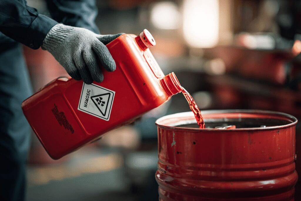 A safe disposal method for the FAQ on how to get rid of old gasoline, showing it being poured into a proper container.