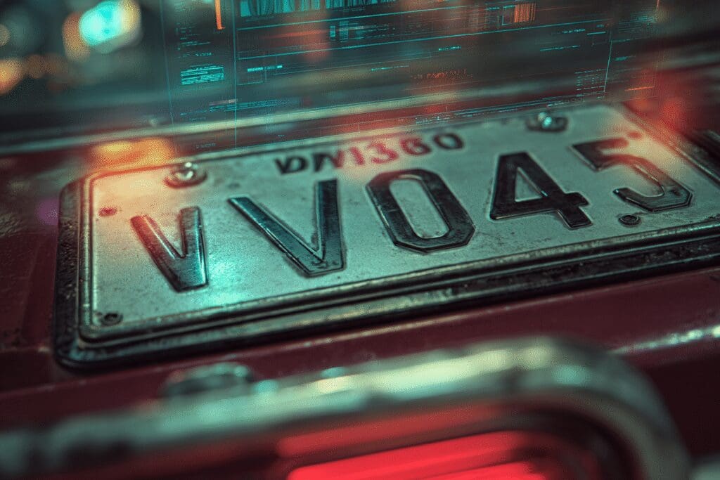 A tech visual for the FAQ on how to get a plate number with a VIN, showing a digital lookup from the VIN.