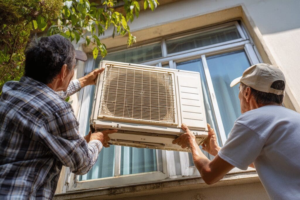 A visual for the FAQ on how to get rid of an air conditioner, showing a window unit being removed from a home.