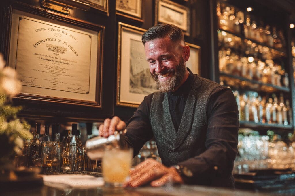An aspirational image for the FAQ on how to get your bartending license, showing a licensed professional at work.