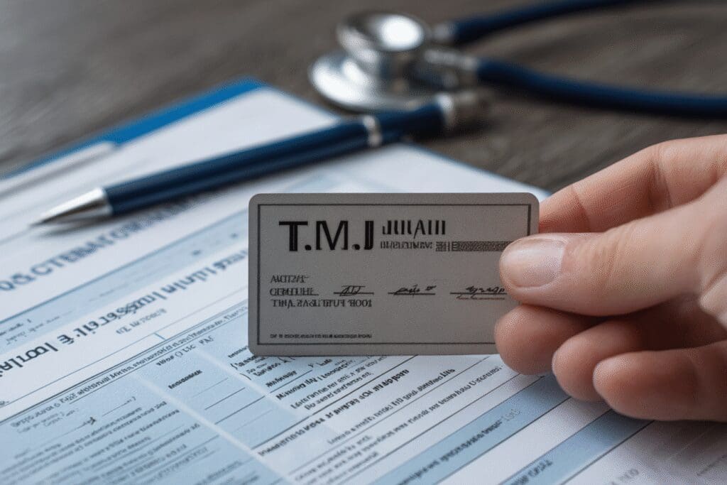 An informational image for the FAQ on how to get TMJ covered by insurance, showing a medical form and insurance card