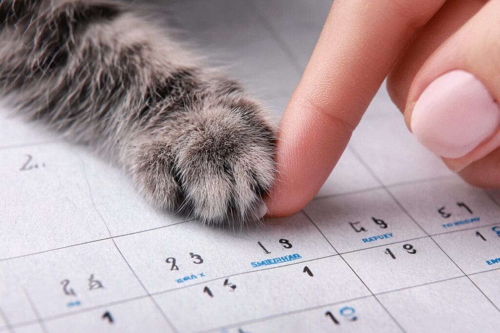 An informational visual for the FAQ How old do cats have to be to get fixed, using a calendar to show the right age